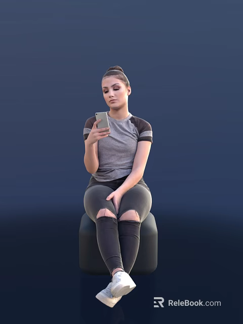 Woman Sitting On Chair Holding Smartphone Wearing Gray Top And Tight Pants 3d model 