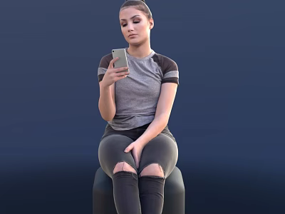 Woman Sitting On Chair Holding Smartphone Wearing Gray Top And Tight Pants 3d model
