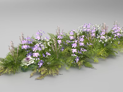 Colorful Flower and Plant Border with Purple and White Blooms and Green Leaves 3d model