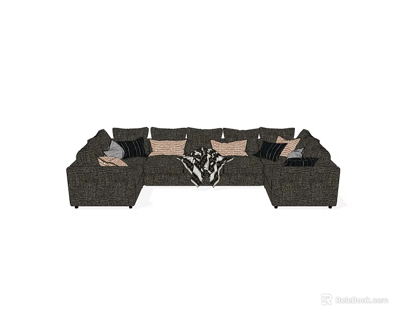 Dark Gray Sectional Sofa With Multiple Decorative Pillows And Patterned Throw Blanket 3d model