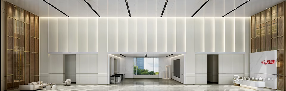 Modern Front Desk Reception Lobby With White Panel Walls Ceiling Lighting And Window View 3d model 