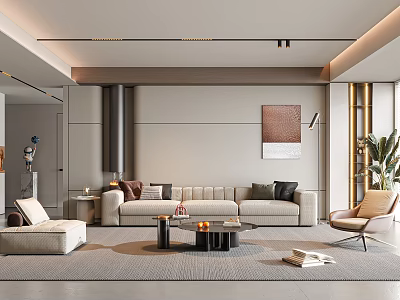 Modern Minimalist Living Room With Beige Sofa Multiple Pillows Coffee Table Grey Rug And Green Plant 3d model