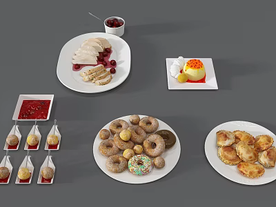 Delicious Assorted Food Platter Featuring Chicken Dessert Colorful Donuts Baked Pastries And Red Sauce Packets 3d model