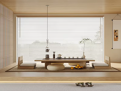 Zen Japanese Tea Room Interior With Wooden Screens Window Blinds Tea Set And Floor Cushions 3d model