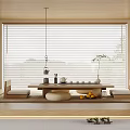 Zen Japanese Tea Room Interior With Wooden Screens Window Blinds Tea Set And Floor Cushions