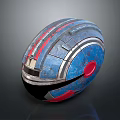 Blue And Red Metallic Sphere Object With Silver Stripes And Textured Surface
