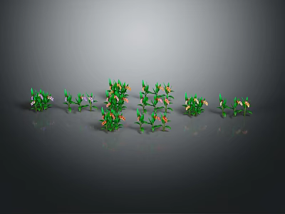 Green Plants With Different Sizes Shapes And Yellow Flowers Arranged On Gray Background With Reflections 3d model