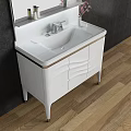 White Bathroom Vanity With Mirror Storage Faucet And Vase On Dark Patterned Wall 3d model