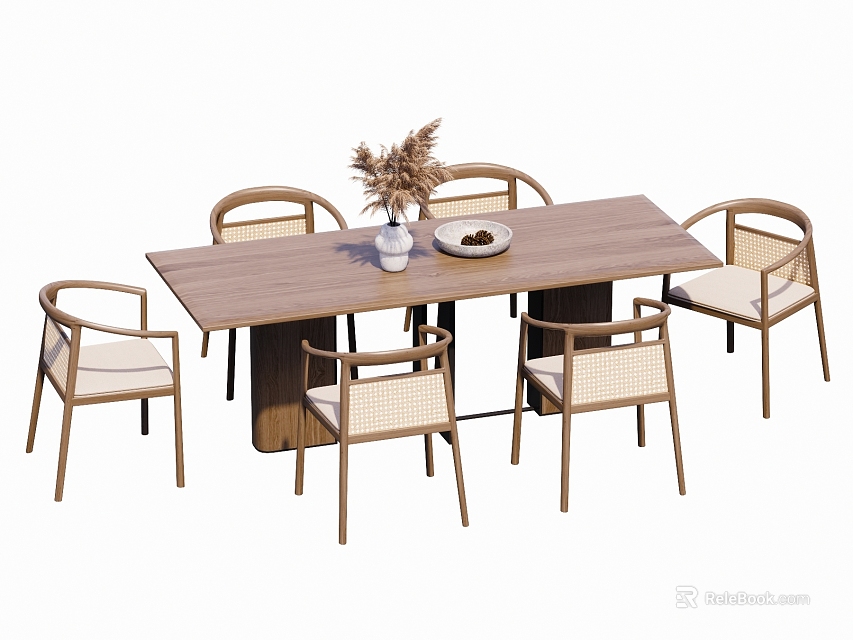 Wooden Dining Table With Six Rattan Chairs And Plate Of Dried Flowers 3d model 