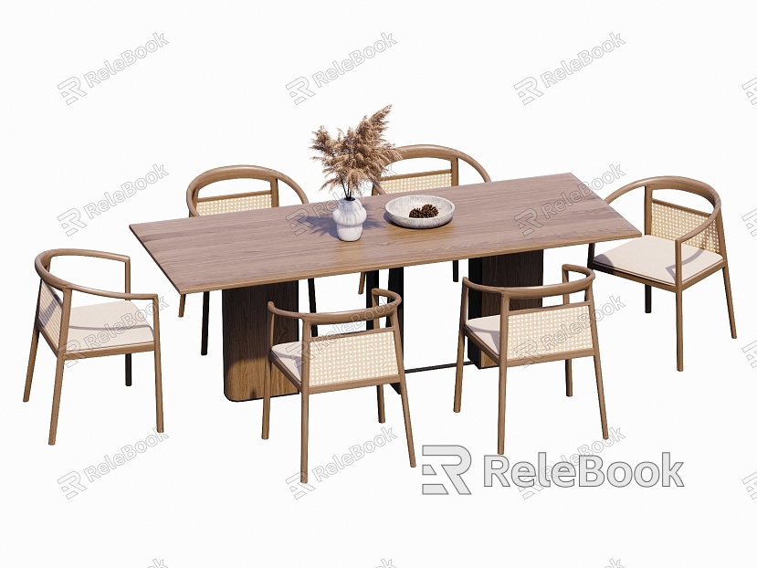 Dining Table and Chair Log Rattan Chair Furnishings Long Table Tableware Solid Wood Table and Chair Vase Meeting Table and Chair model