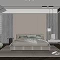 Modern Bedroom Interior With Beige Bed Green Armchair Marble Nightstand And Woven Rug