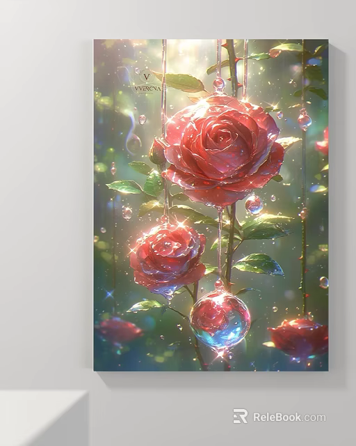 Vibrant Abstract Painting Featuring Red Roses Green Leaves Water Droplets And Crystal Balls 3d model 