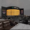 Modern Cafe Interior With Cozy Sofa Seating Tables Chairs Bar Counter And City View Windows