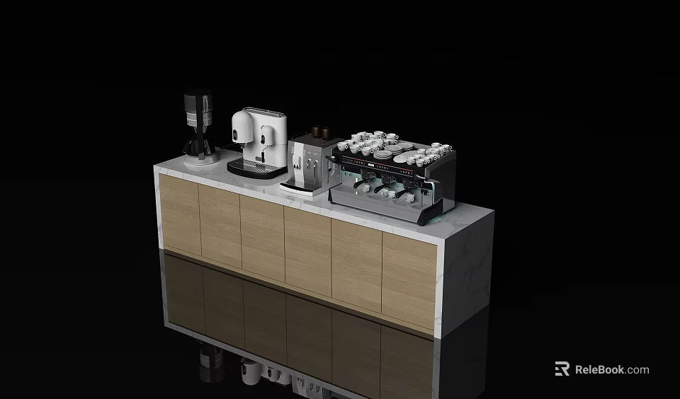 Modern Kitchen Bar With Wooden Cabinets Marble Countertop And Coffee Appliances 3d model 