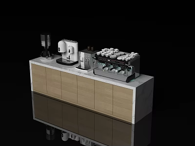 Modern Kitchen Bar With Wooden Cabinets Marble Countertop And Coffee Appliances 3d model