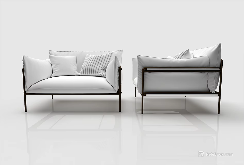 Two Modern White Single Sofas With Pillows And Black Metal Frame Design 3d model