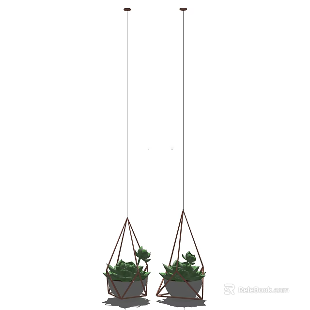 Hanging Bonsai Potted Plants with Macramé Holders and Fresh Green Leaves 3d model 
