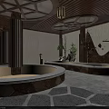 Traditional SPA Sauna Interior With Wooden Ceiling Stone Bathtub And Decorative Plants