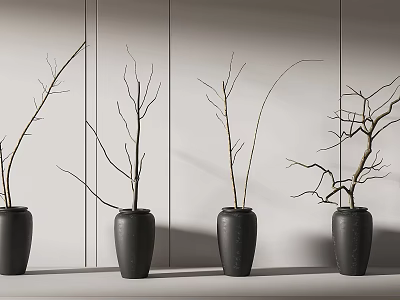 Modern Black Vases With Dry Branches On Minimalist Shelf Against Light Wall 3d model
