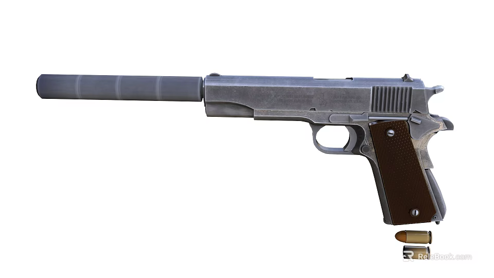 High Detail Silver Pistol With Suppressor Wooden Grip And Bullets 3d model 