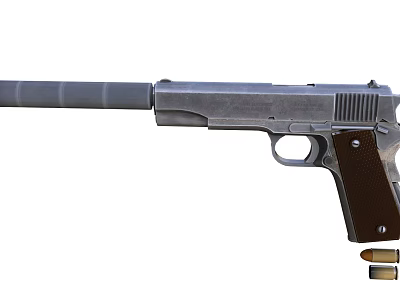 High Detail Silver Pistol With Suppressor Wooden Grip And Bullets 3d model