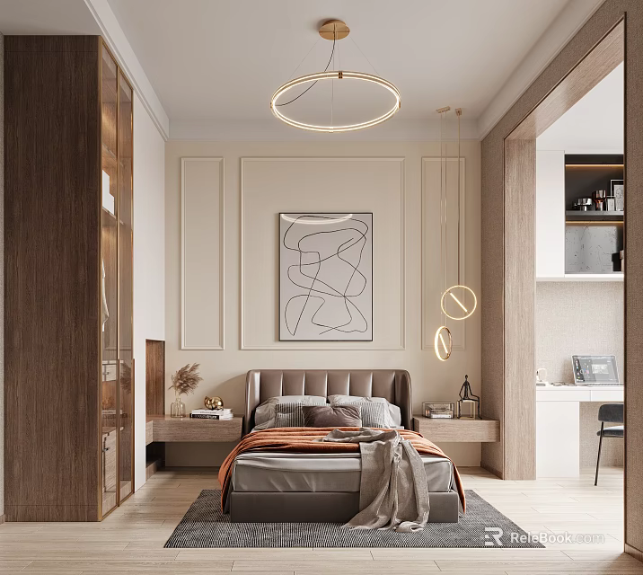 Modern Bedroom Interior Design With Wooden Wardrobes Beige Walls Abstract Painting And Circular Pendant Lights 3d model 