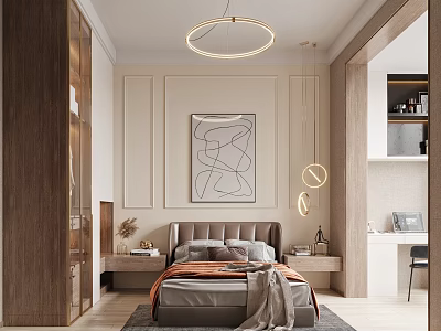 Modern Bedroom Interior Design With Wooden Wardrobes Beige Walls Abstract Painting And Circular Pendant Lights 3d model