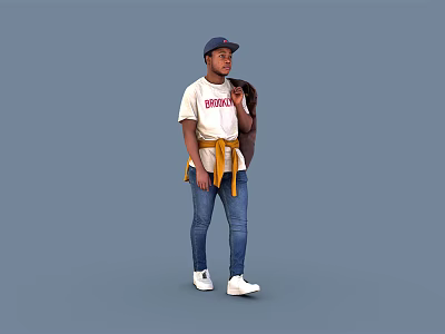 Man Holding Jacket Wearing White Urban T Shirt Hat Yellow Belt Jeans And White Shoes 3d model