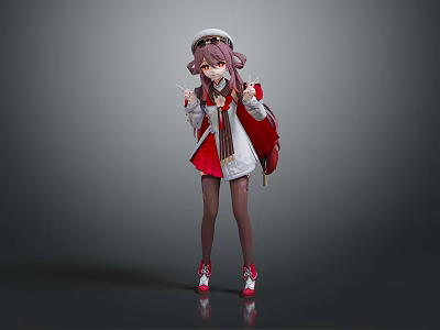 Anime Game Movie Character With Pink Hair White Hat Red And White Outfit Red Backpack 3d model