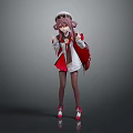 Anime Game Movie Character With Pink Hair White Hat Red And White Outfit Red Backpack