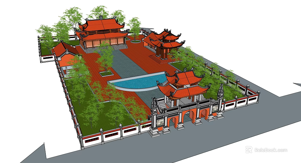 Ancient Chinese Architectural Complex With Red Roofs Courtyard Pool Trees And Traditional Walls 3d model 