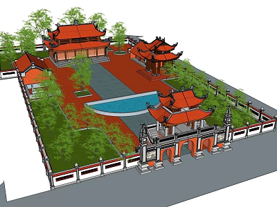 Ancient Chinese Architectural Complex With Red Roofs Courtyard Pool Trees And Traditional Walls 3d model