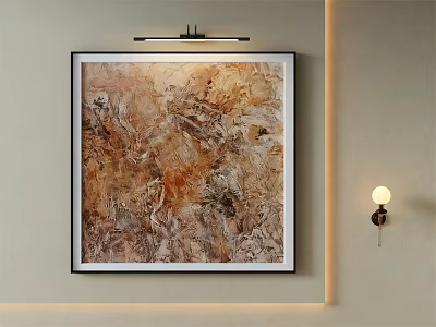 Abstract Oil Painting With Warm Tones Hanging On Beige Wall With Accent Lighting 3d model