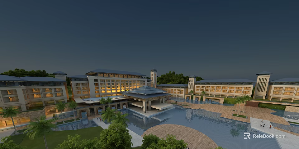 Modern Residential Complex With Illuminated Buildings Pool And Landscaped Gardens 3d model 