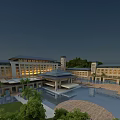 Modern Residential Complex With Illuminated Buildings Pool And Landscaped Gardens