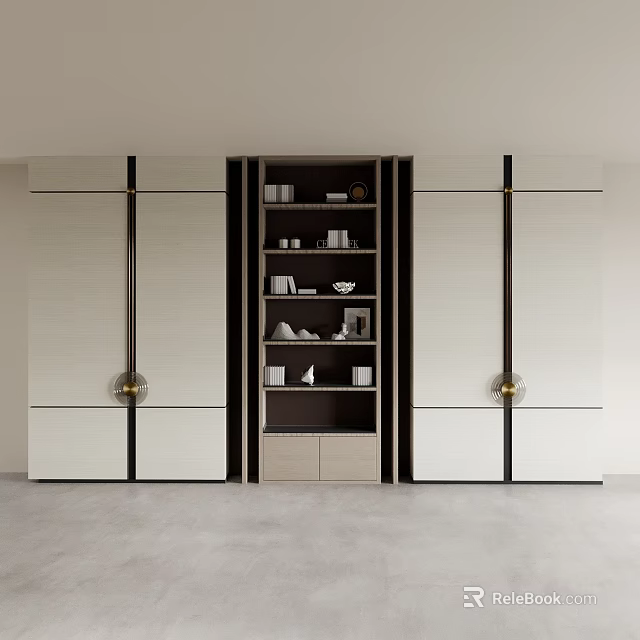 Elegant Modern Storage Shelf Unit Beige Finish Black Lines Open Shelves Decor Items 3d model