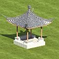 Traditional Landscape Pavilion With Tiled Roof Overhanging Eaves Wooden Pillars White Stone Base Green Grass