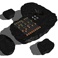 Black Rock Irregular Shape Tea Table With Matching Stools And Tea Set Small Cups 3d model
