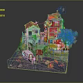 Cartoon Scene With Colorful Houses Small Boat Water Stone Steps And Green Trees