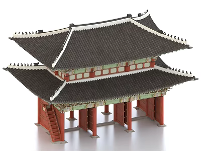 Ancient Architecture with Multi Layered Black Tiled Roof Red Pillars and White Decorative Overhanging Eaves 3d model
