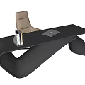 Modern Gray Curved Office Desk With Notebook And Beige Swivel Chair