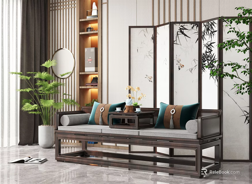 Traditional Chinese Daybed in Elegant Living Room with Bamboo Screen Green Plants and Decorative Cushions 3d model 