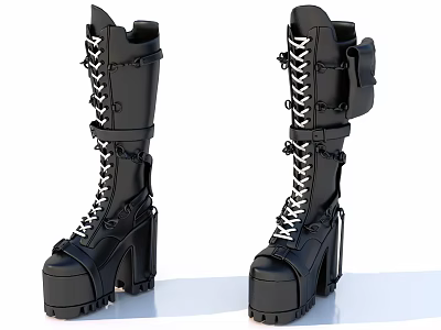 Black Knee High Platform Boots with Lace Up Straps and Chunky Heels 3d model
