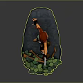 Pink Haired Female Adventurer Crouching On Rocky Platform Holding Pistol With Lush Green Plants