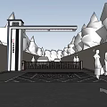 Modern Entrance Gate With Canopy Trees Pedestrians Vehicles And Directional Markings