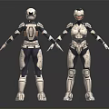 Two Futuristic Armored Female Characters in White and Dark Armor with Helmets Standing