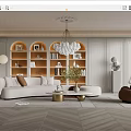 Modern Living Room Interior With White Sofa Arched Shelves Brown Armchair And Gold Coffee Tables