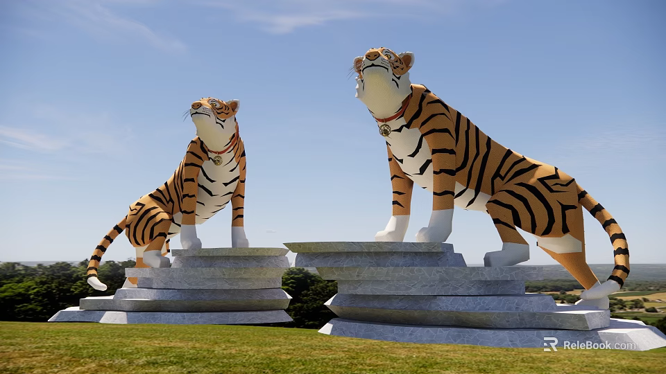 Two Tiger Statues Standing On Stone Pedestals In Grassy Field With Blue Sky 3d model 