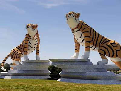 Two Tiger Statues Standing On Stone Pedestals In Grassy Field With Blue Sky 3d model