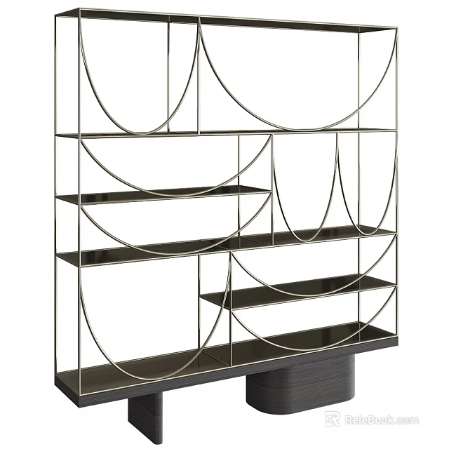 Sleek Modern Shelving Unit With Curved Metal Frame And Multiple Black Display Shelves 3d model 